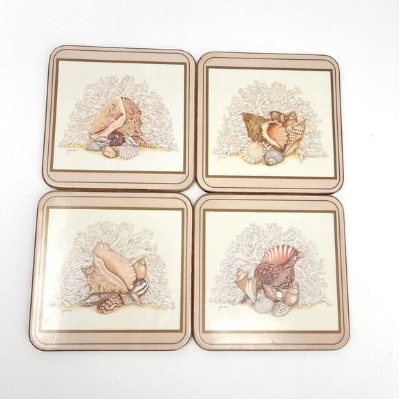Vintage Pimpernel Coasters Maria Ryan Pink SEA SHELL Beach 4”X 4” Set Of 4 - Picture 1 of 5